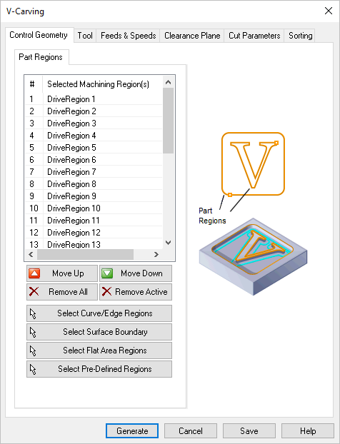 Dialog Box: Control Geometry tab, V-Carving, 2 Axis