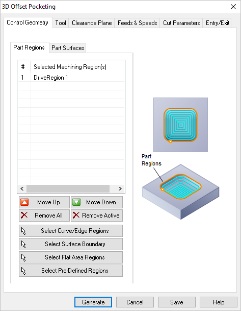 Dialog Box: Control Geometry tab, 3D Offset Pocketing, 3 Axis