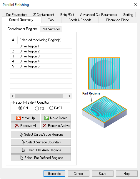 Dialog Box: Control Geometry tab, Parallel Finishing, 3 Axis