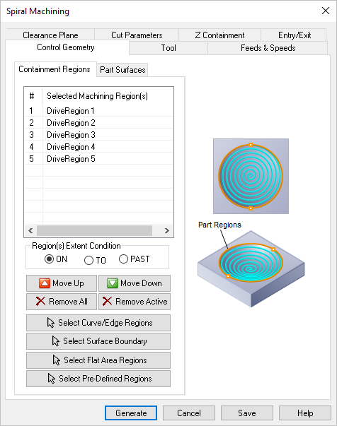 Dialog Box: Control Geometry tab, Spiral Machining, 3 Axis