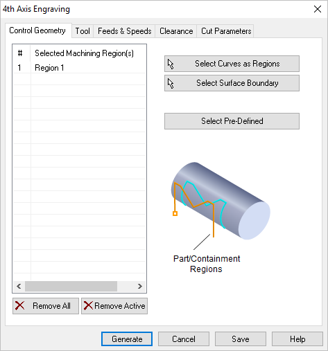 Dialog Box: Control Geometry tab, Engraving, 4 Axis