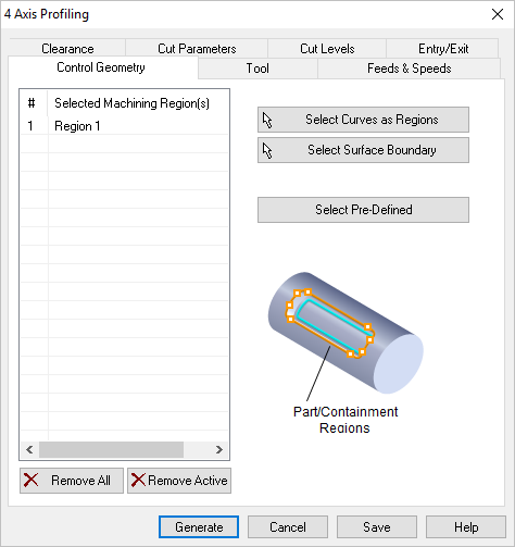 Dialog Box: Control Geometry tab, Profiling, 4 Axis