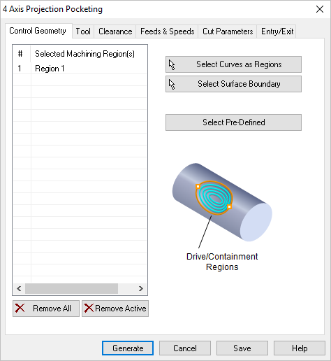 Dialog Box: Control Geometry tab, Projection Pocketing, 4 Axis