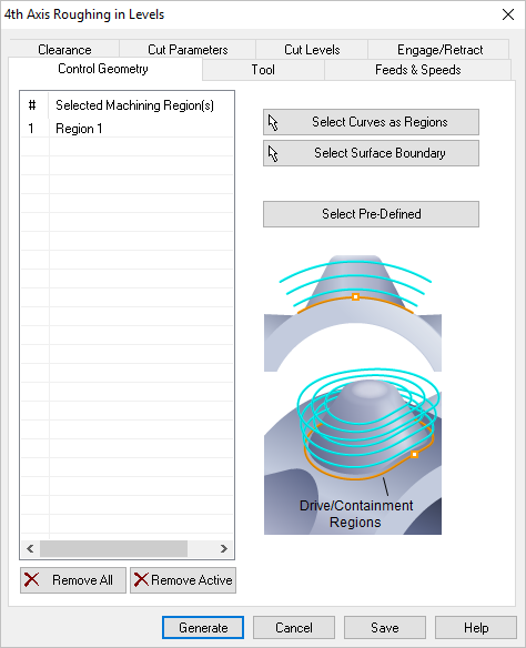 Dialog Box: Control Geometry tab, R-Level Roughing, 4 Axis
