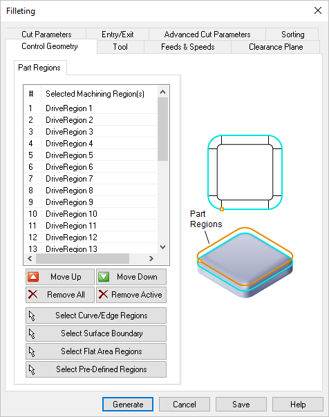 Dialog Box: Control Geometry tab, Filleting, 2½ Axis