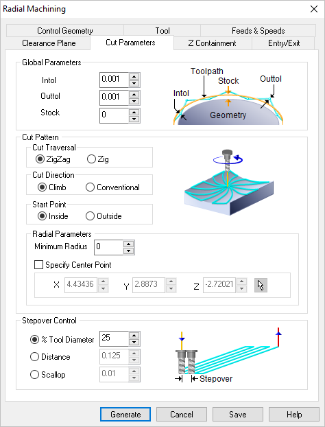 Dialog Box: Cut Parameters tab, Radial Machining, 3 Axis
