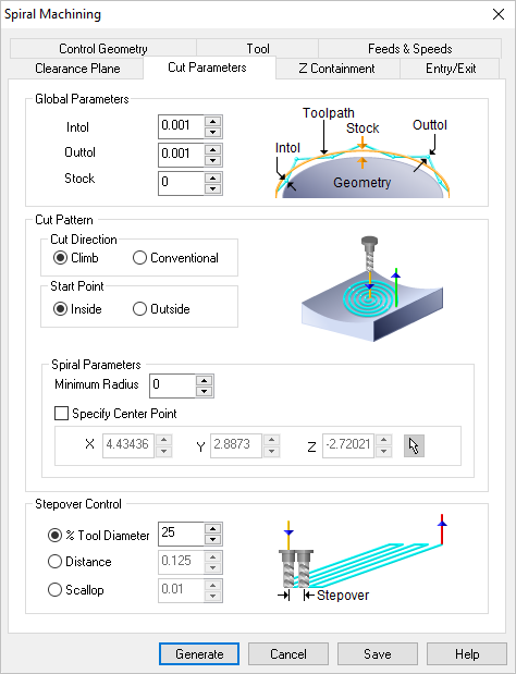Dialog Box: Cut Parameters tab, Spiral Machining, 3 Axis