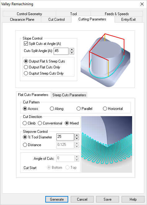 Dialog Box: Cut Parameters tab, Valley Re-Machining, 3 Axis