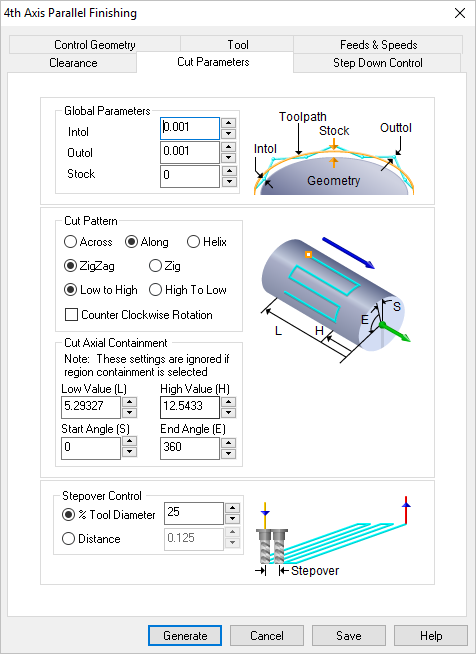 Dialog Box: Cut Parameters tab, 4th Axis Parallel Finishing Operations