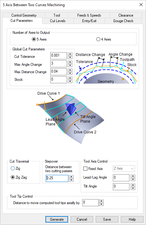 Dialog Box: Cut Parameters tab, 5 Axis Between 2 Curves Machining Operations