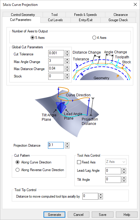 Dialog Box: Cut Parameters tab, 5 Axis Curve Projection Machining Operations