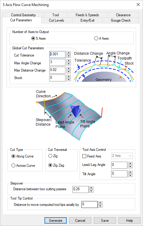 Dialog Box: Cut Parameters tab, 5 Axis Flow Curve Machining Operations