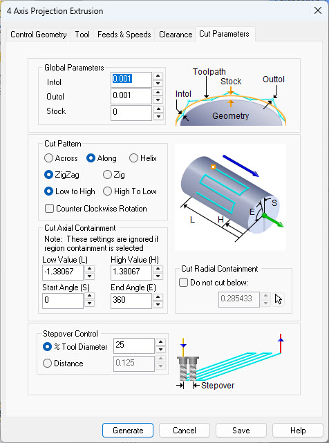 Dialog Box: Cut Parameters tab, 4th Axis Projection Extrusion Operation