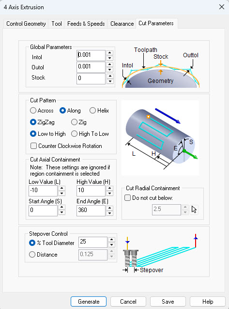 Dialog Box: Cut Parameters tab, 4th Axis Extrusion Operations