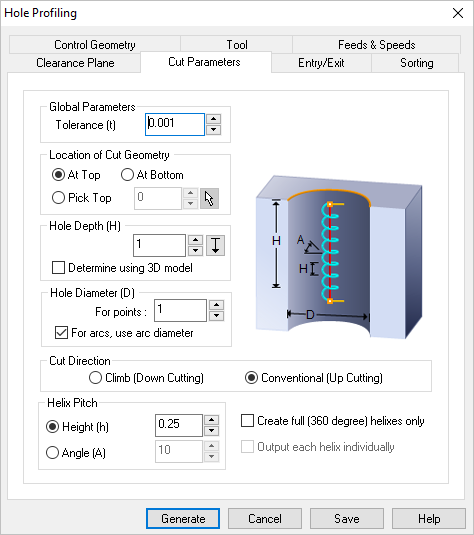 Dialog Box: Cut Parameters tab, 2½ Axis Hole Profiling Operations