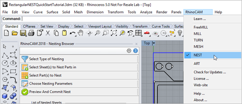 From the drop down menu bar select RhinoCAM > Nesting Browser&nbsp;