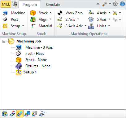 Program tab of the Machining Operations Browser (MOps)