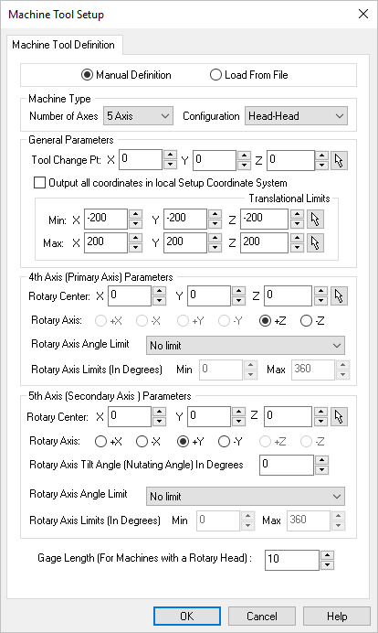 Dialog Box: Machine Tool Setup - Manual Definition