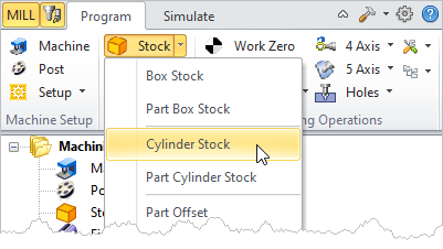 Machining Browser: Cylinder Stock menu item