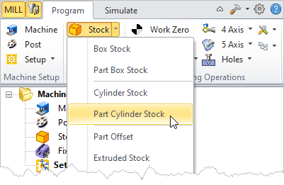 Machining Browser: Part Cylinder Stock menu item