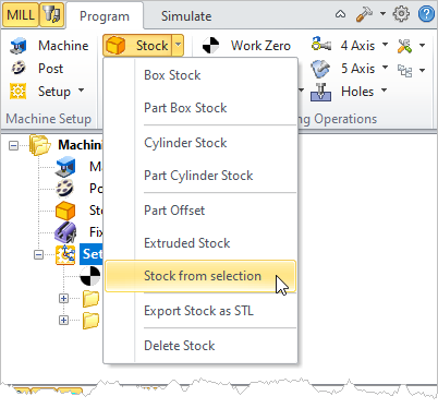 Machining Browser: Stock from Selection menu item