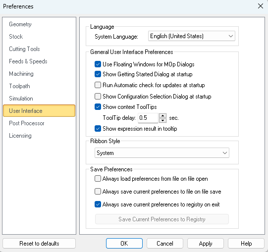 Dialog Box: Set User Interface Preferences
