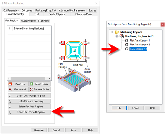 To select predefined regions, when creating a machining operation, click Pre-Defined under Machining Features/Region tab