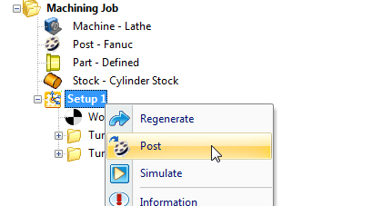 Right-click on a Setup and select Post to post all Turn Operations in the Setup