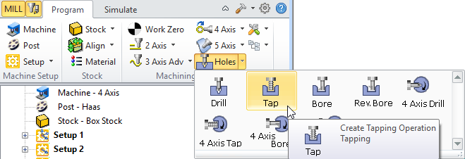 2½ Axis Hole Making, Tap Menu Item