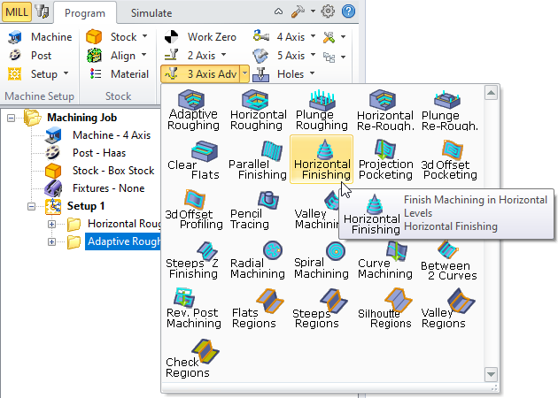 Horizontal Finishing, 3 Axis Menu Item