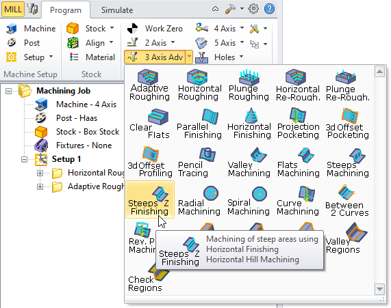 Steeps Z (Horizontal Hill) Finishing, 3 Axis Menu Item