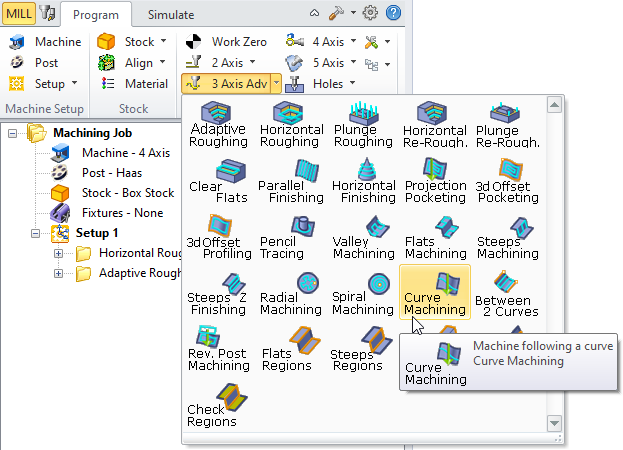 Curve Machining, 3 Axis Menu Item
