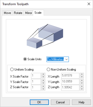 Dialog Box: Transform Toolpath, Scale tab