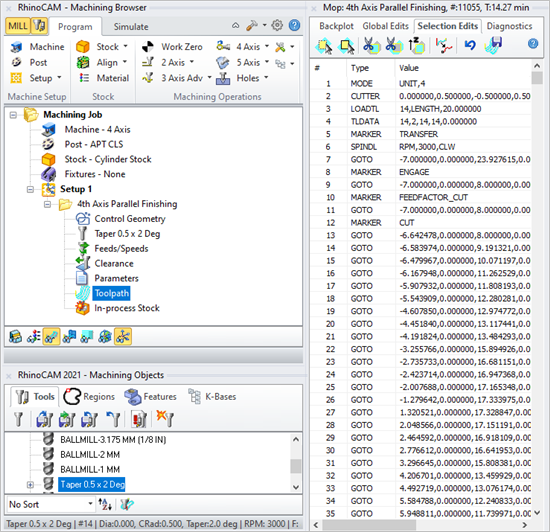 Toolpath Editor, Selection Edits Example