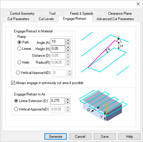 Dialog Box: Engage/Retract tab, 3 & 4 Axis Roughing Operations
