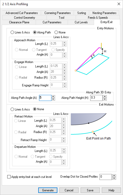 Dialog Box: Entry/Exit tab, 2½ Axis Milling operations