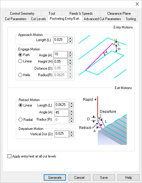Dialog Box: Entry/Exit tab, 2½ Axis Pocket and HS Pocket Operations
