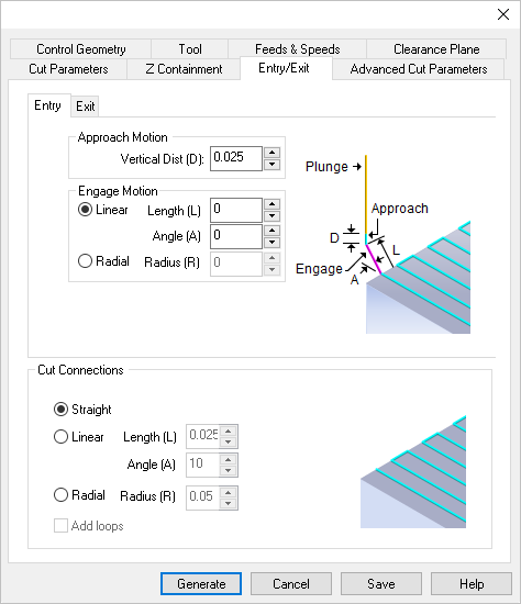 Dialog Box: Entry/Exit tab, Parallel Finishing, 3 Axis