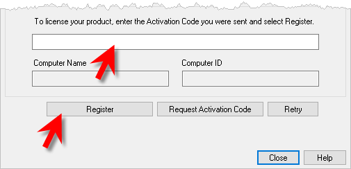 License dialog: Enter your Activation Code and then pick Register