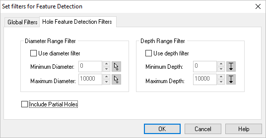 Dialog Box: Features Filters, Hole Feature Detection Filters tab
