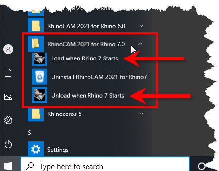 Load/Unload RhinoCAM from the Windows Start Menu