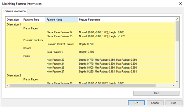 Dialog Box: Machining Features Information
