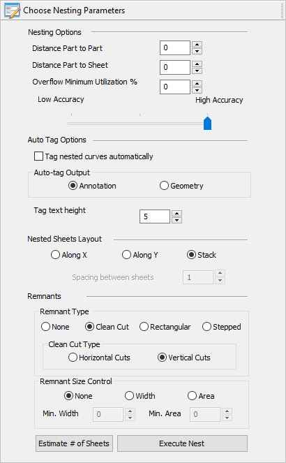 Nesting Browser - Choose Nesting Parameters tab