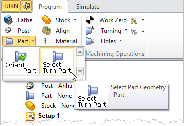 Select Part (Select Part Geometry) under Program tab in Machining Browser