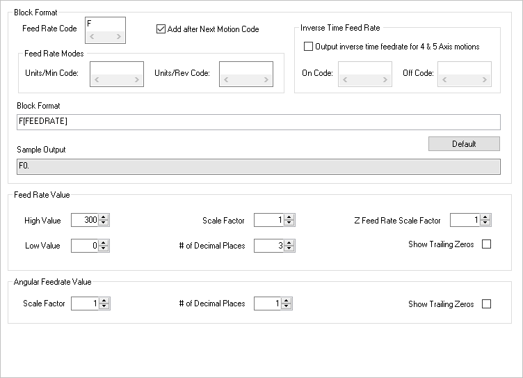 The Feed Rate section of the Post-Processor Generator (PPG) dialog for our haas-blog.spm post definition file.