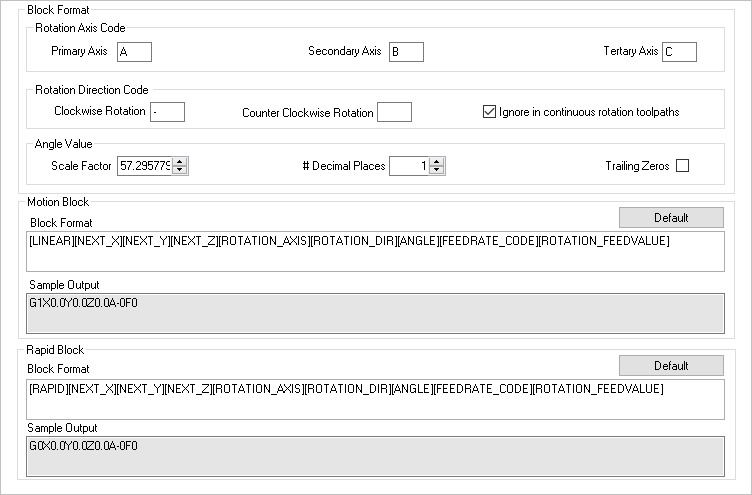 The Multi Axis Motion section of the Post-Processor Generator (PPG) dialog for our haas-blog.spm post definition file.