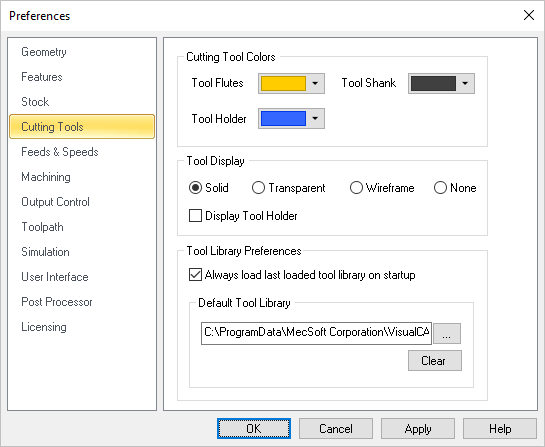 CAM Preferences > Cutting Tools