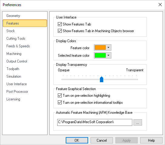 CAM Preferences > Features