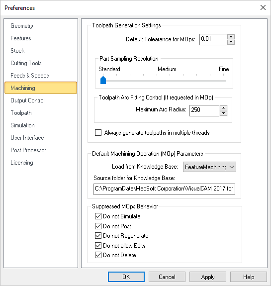 CAM Preferences: Machining
