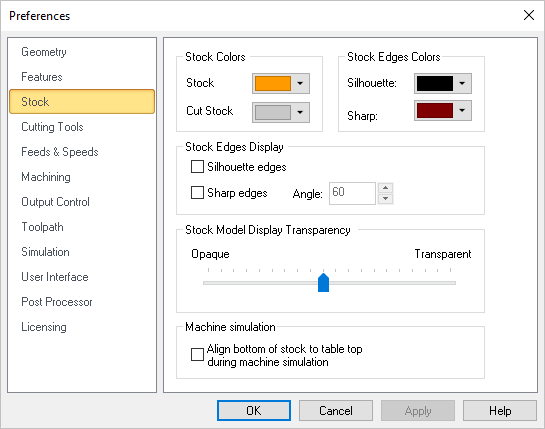 CAM Preferences > Stock